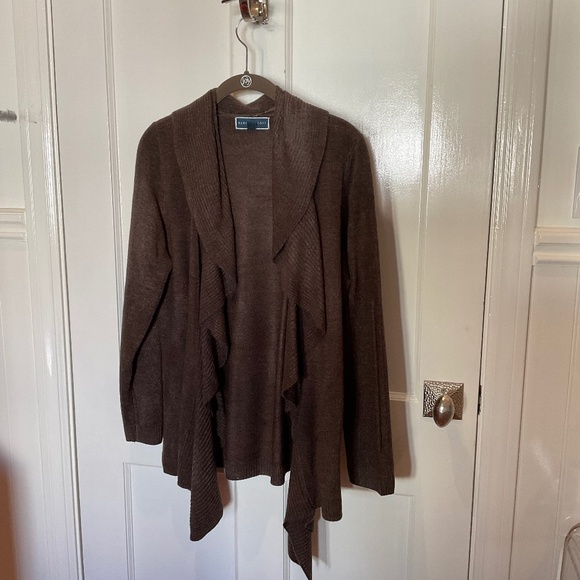 Karen Scott chocolate colored cardigan PL, ruffle detailing - Picture 1 of 3